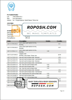 Iran Bank Sepah proof of address bank statement template in Word and PDF format