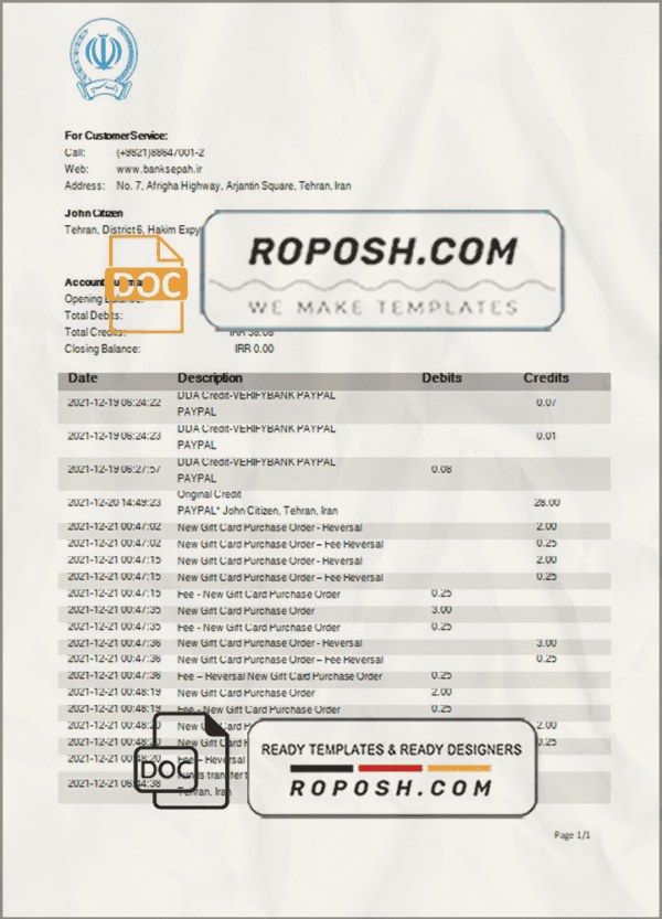 Iran Bank Sepah proof of address bank statement template in Word and PDF format