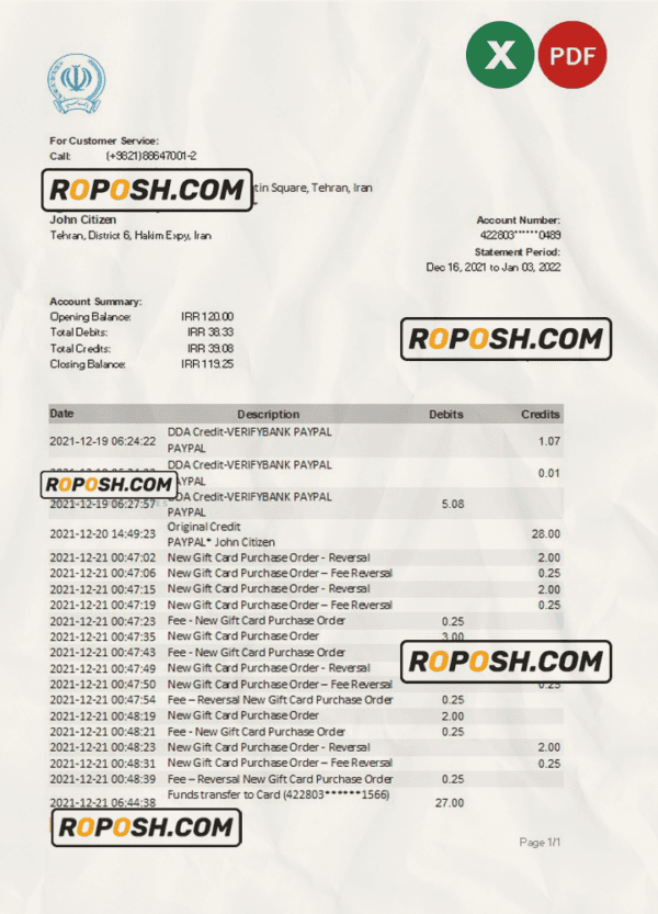 Iran Bank Sepah bank statement Excel and PDF template