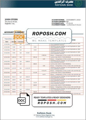 Iraq Rafidain proof of address bank statement in Word and PDF format