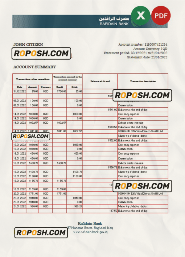 Iraq Rafidain Bank statement Excel and PDF template scan effect