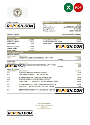 Iraq Rasheed bank statement Excel and PDF template