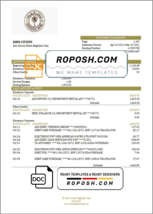 Iraq Rasheed proof of address bank statement in Word and PDF format