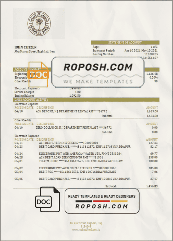 Iraq Rasheed proof of address bank statement in Word and PDF format