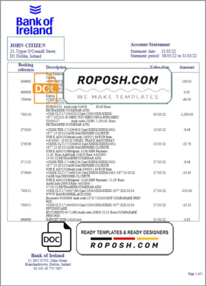 Ireland Bank of Ireland bank statement template in Word and PDF format