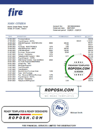 Ireland Fire Financial Services Limited account statement template in Excel and PDF format