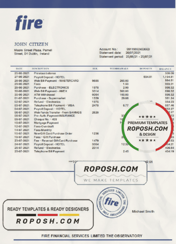 Ireland Fire Financial Services Limited account statement template in Excel and PDF format
