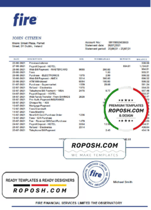Ireland Fire Financial Services Limited account statement template in Word and PDF format