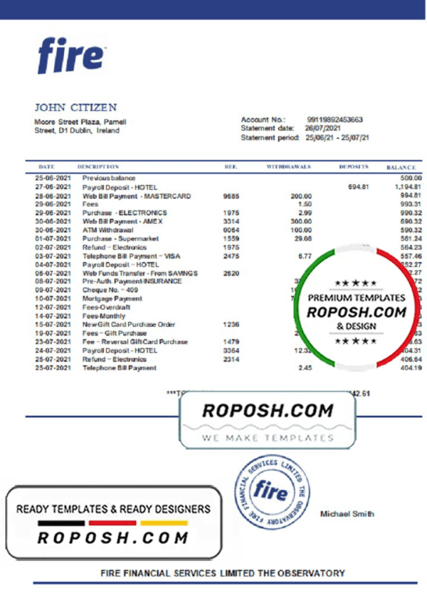 Ireland Fire Financial Services Limited account statement template in Word and PDF format