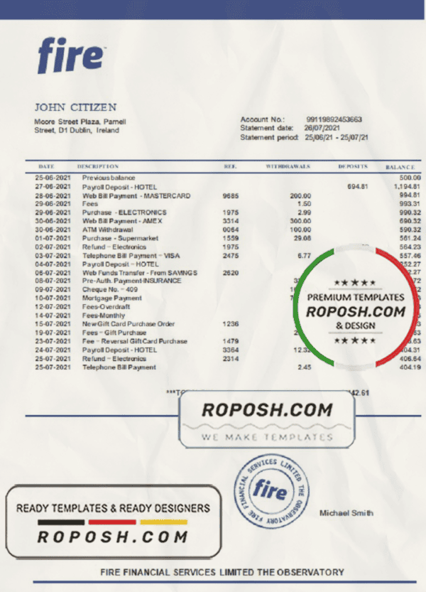 Ireland Fire Financial Services Limited account statement template in Word and PDF format