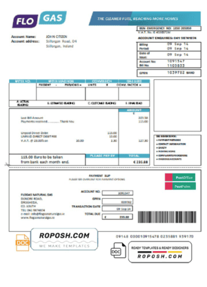 Ireland Flogas Natural Gas utility bill template in Word and PDF format
