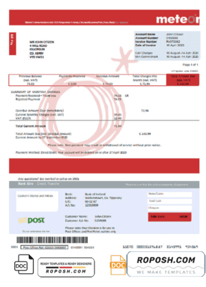 Ireland Meteor utility bill template in Word and PDF format