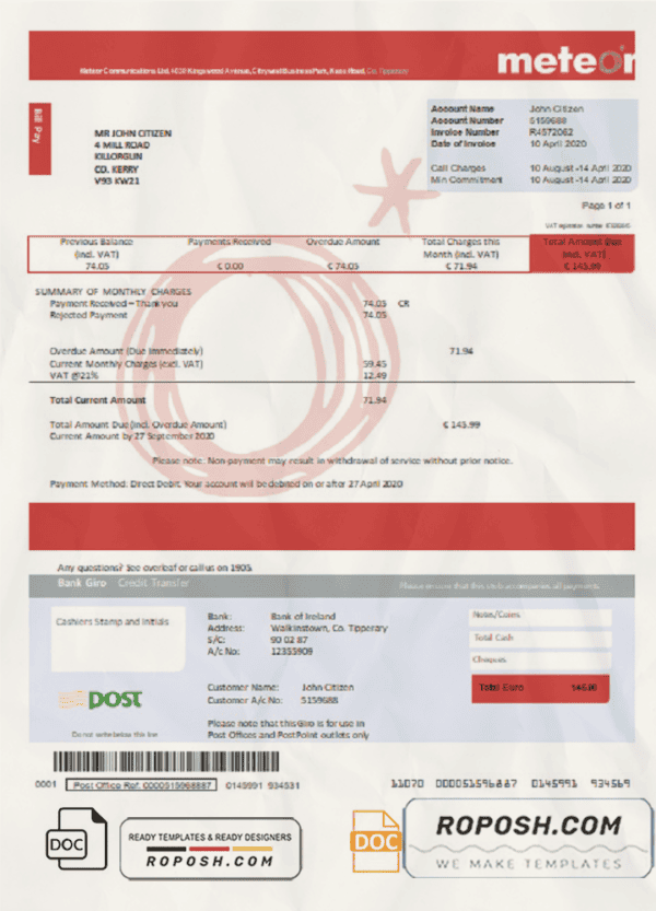 Ireland Meteor utility bill template in Word and PDF format