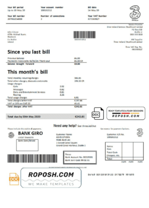 Ireland Three.ie utility bill template in Word and PDF format