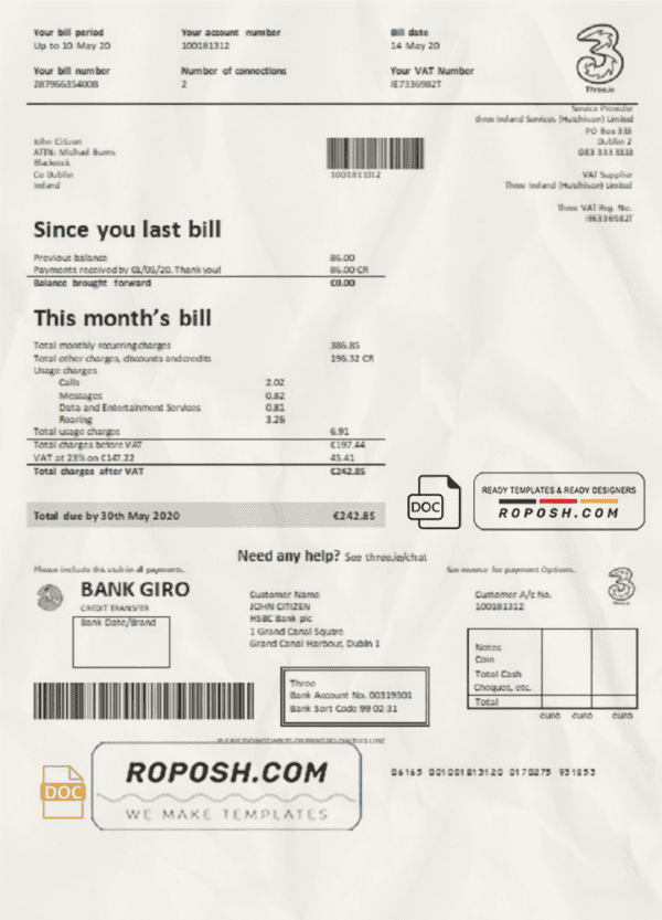Ireland Three.ie utility bill template in Word and PDF format