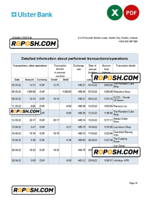 Ireland Ulster Bank statement Excel and PDF template