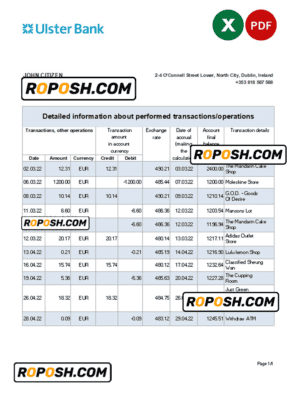 Ireland Ulster Bank statement Excel and PDF template