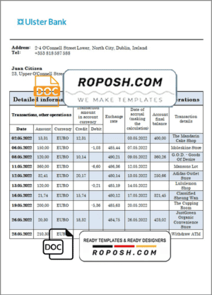 Ireland Ulster proof of address bank statement in Word and PDF format