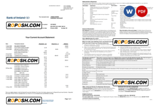 Ireland Bank of Ireland bank statement, Word and PDF template, 2 pages