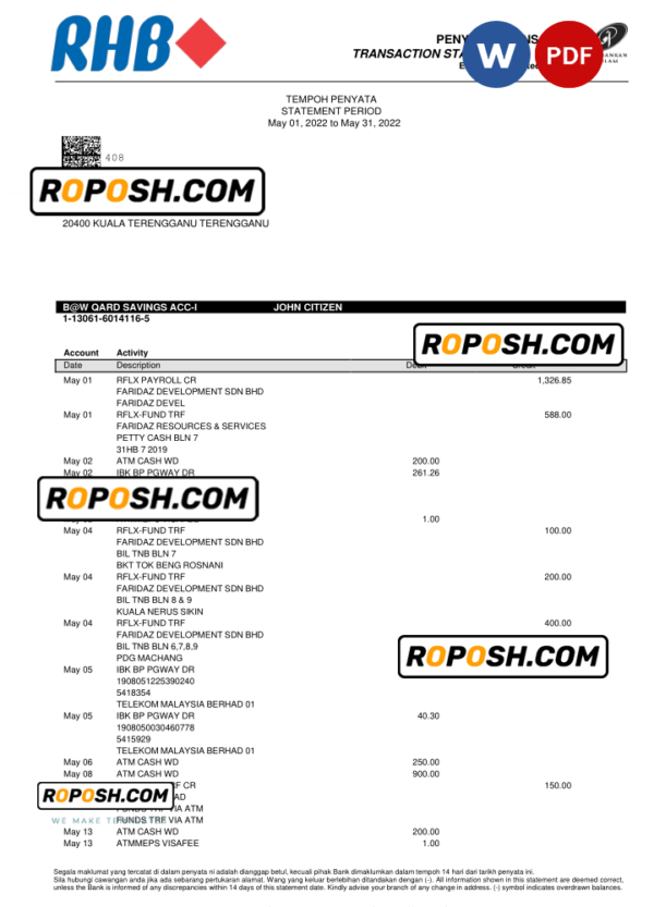 Malaysia Islamic RHB bank statement, Word and PDF template