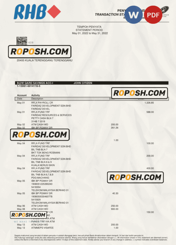 Malaysia Islamic RHB bank statement, Word and PDF template