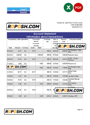 Israel Leumi bank statement Excel and PDF template