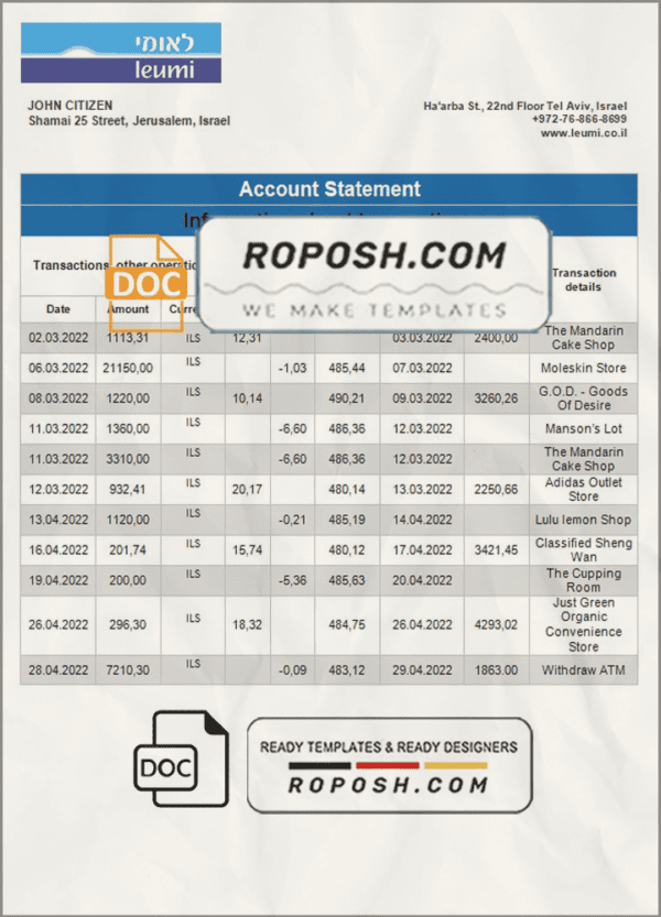 Israel Leumi proof of address bank statement template in Word and PDF format