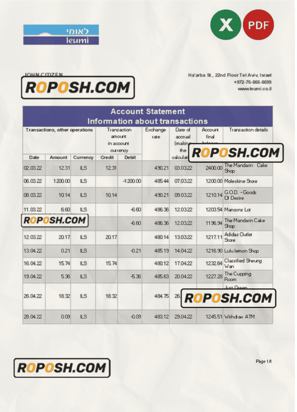 Israel Leumi bank statement Excel and PDF template