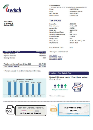 Singapore I Switch electricity utility bill template in Word and PDF format
