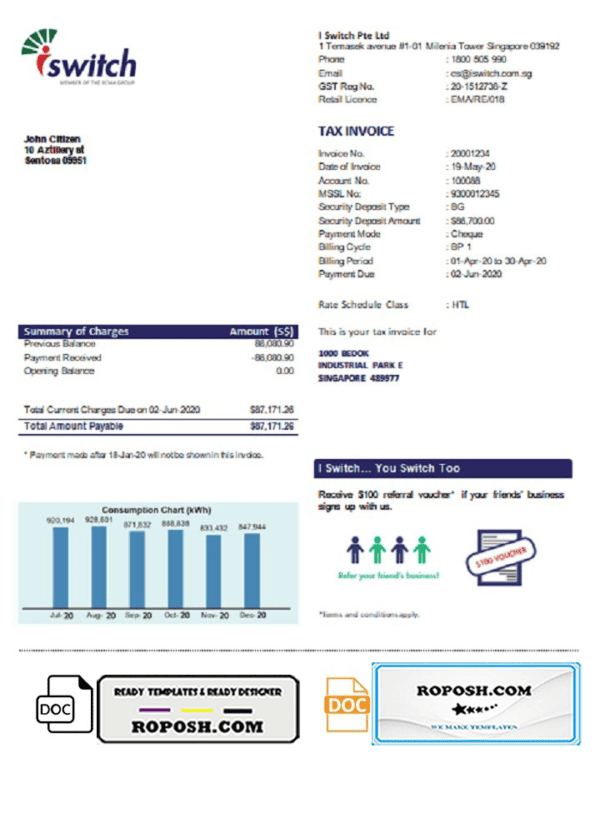 Singapore I Switch electricity utility bill template in Word and PDF format