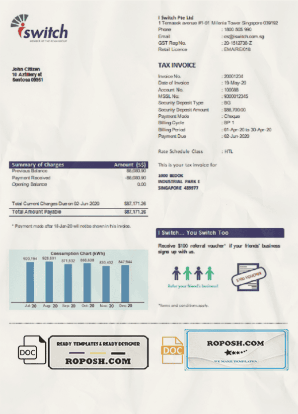 Singapore I Switch electricity utility bill template in Word and PDF format