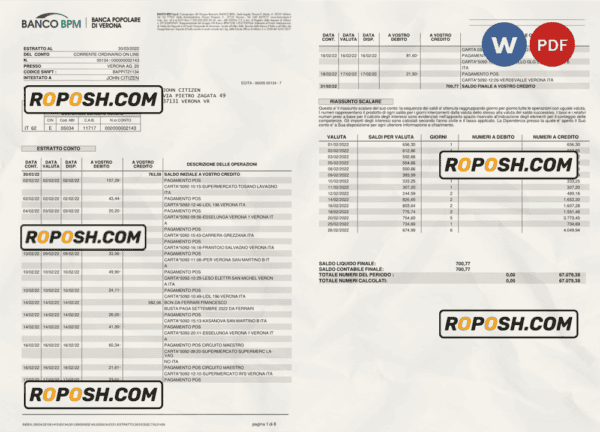Italy Banco BPM bank statement Word and PDF template, 8 pages