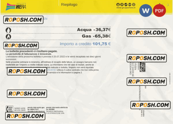 Italy Gruppo Hera utility bill, Word and PDF template