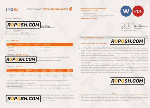 Italy ING bank statement Word and PDF template, 2 pages