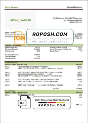 Italy Intesa Sanpaolo bank statement template in .doc and .pdf format, fully editable