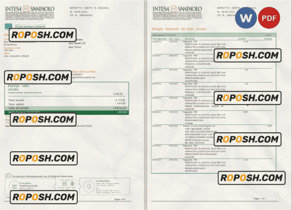Italy Intesa Sanpaolo bank statement Word and PDF template, 2 pages