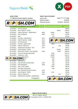 Jamaica Sagicor bank statement Excel and PDF template