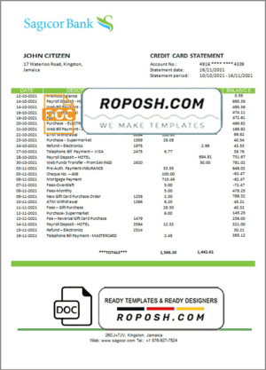 Jamaica Sagicor Bank statement template, Word and PDF format (.doc and .pdf)
