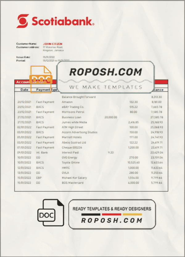 Jamaica Scotiabank bank statement template in Word and PDF format
