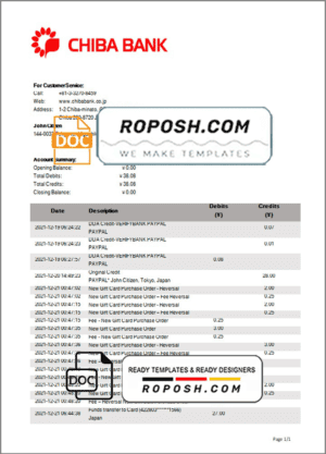 Japan Chiba bank statement template in Word and PDF format