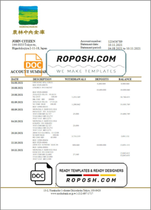 Japan Norinchukin Bank statement template in Word and PDF format