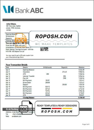 Jordan ABC Bank statement template in Word and PDF format