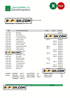Jordan Cairo Amman bank statement Excel and PDF template