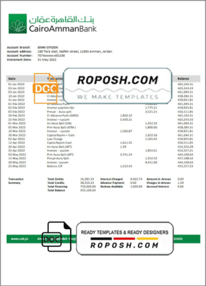 Jordan Cairo Amman Bank statement template in Word and PDF format