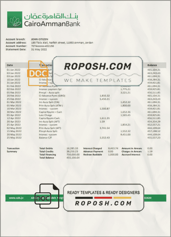 Jordan Cairo Amman Bank statement template in Word and PDF format