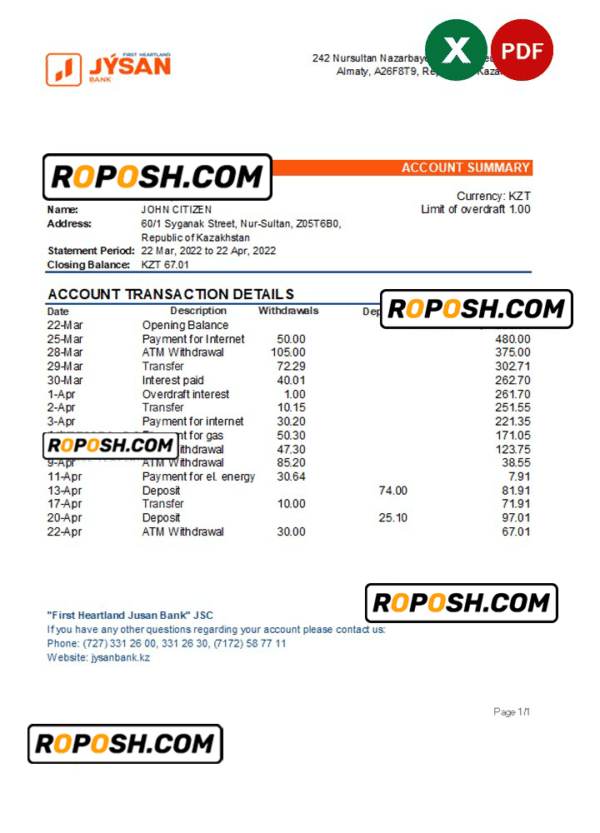 Kazakhstan First Heartland Jusan bank statement Excel and PDF template