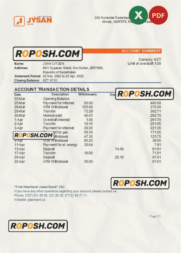 Kazakhstan First Heartland Jusan bank statement Excel and PDF template