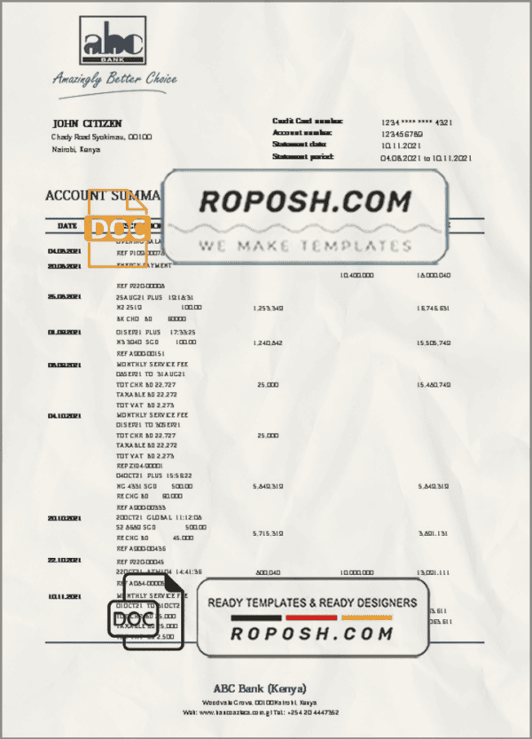 Kenya ABC bank statement template in Word and PDF format