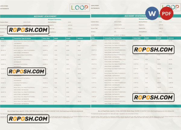 Kenya CBA Loop bank statement, Word and PDF template, 6 pages