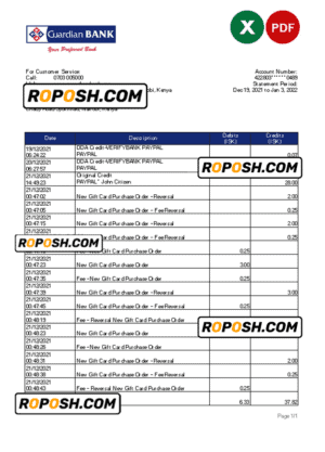 Kenya Guardian Bank statement Excel and PDF template